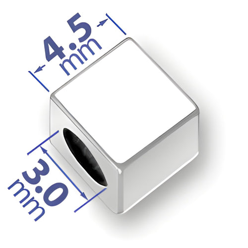 4.5mm square letter block bead in sterling silver, featuring a blank surface and a 3mm hole for threading.