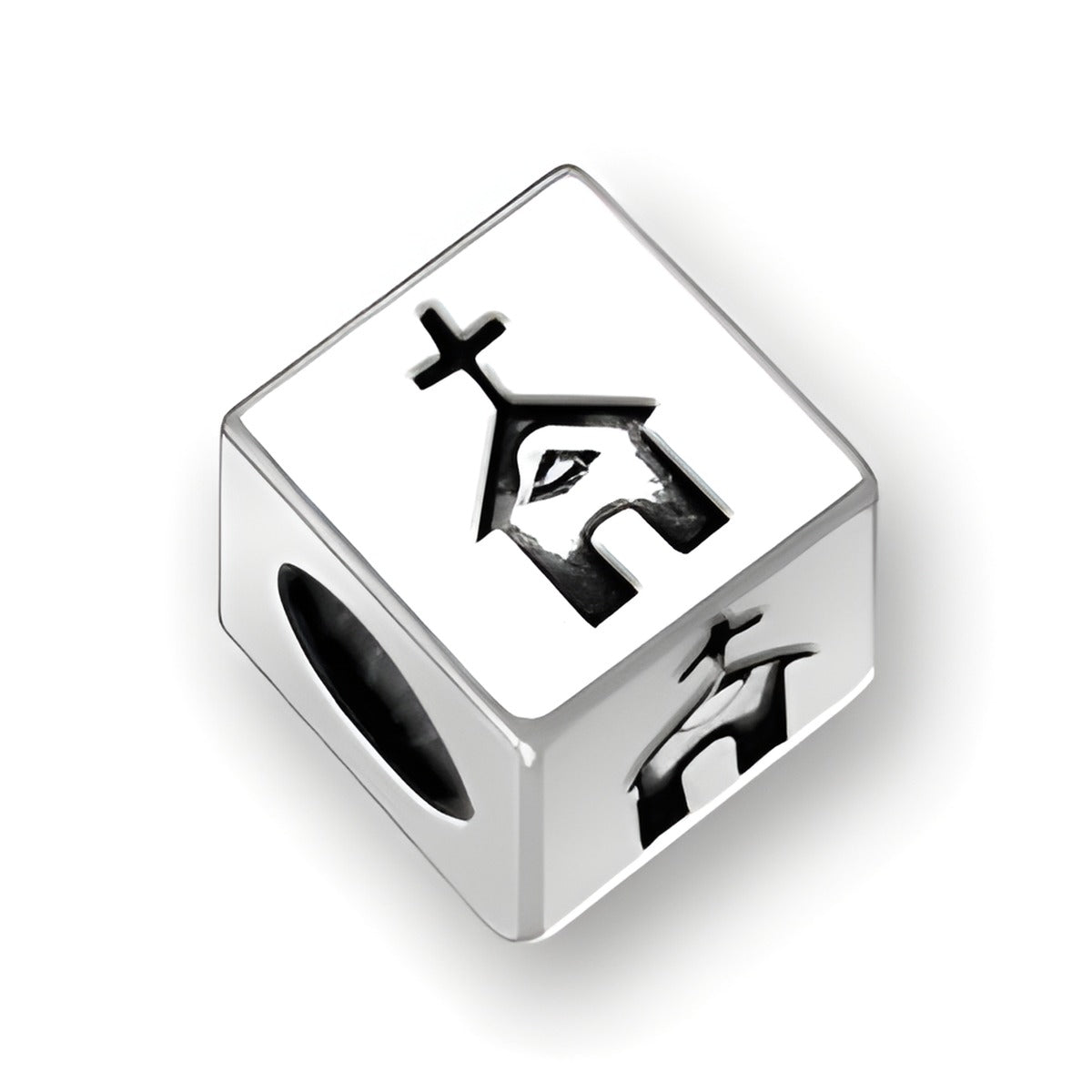 4.5mm square letter block bead in sterling silver featuring a church symbol on two sides and a 3mm hole.