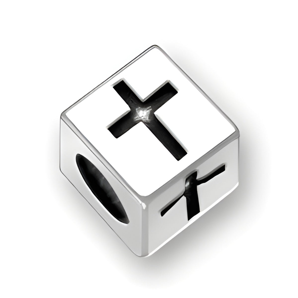 4.5mm square letter block bead in sterling silver with cross symbols on two sides and a 3mm hole.