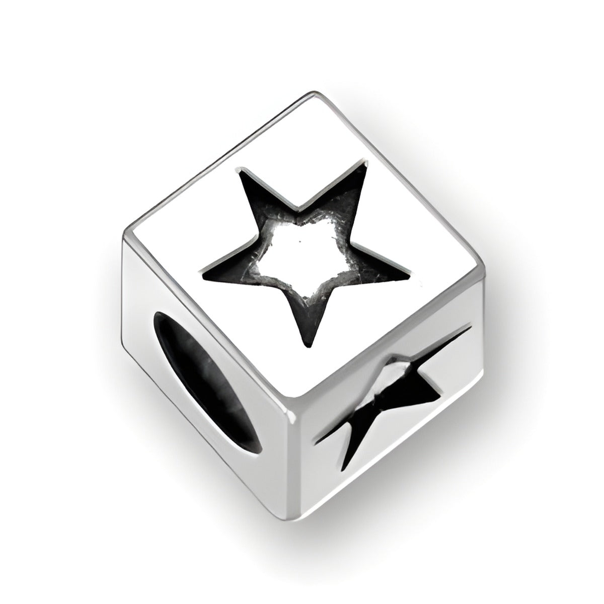 4.5mm square letter block bead in sterling silver featuring a star symbol design, with a 3mm hole for threading.