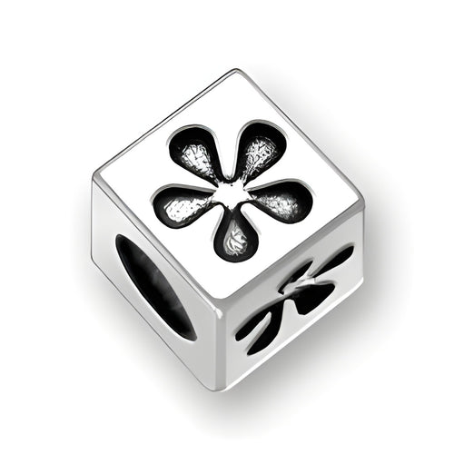 4.5mm square letter block bead in sterling silver with flower symbol design and 3mm hole.