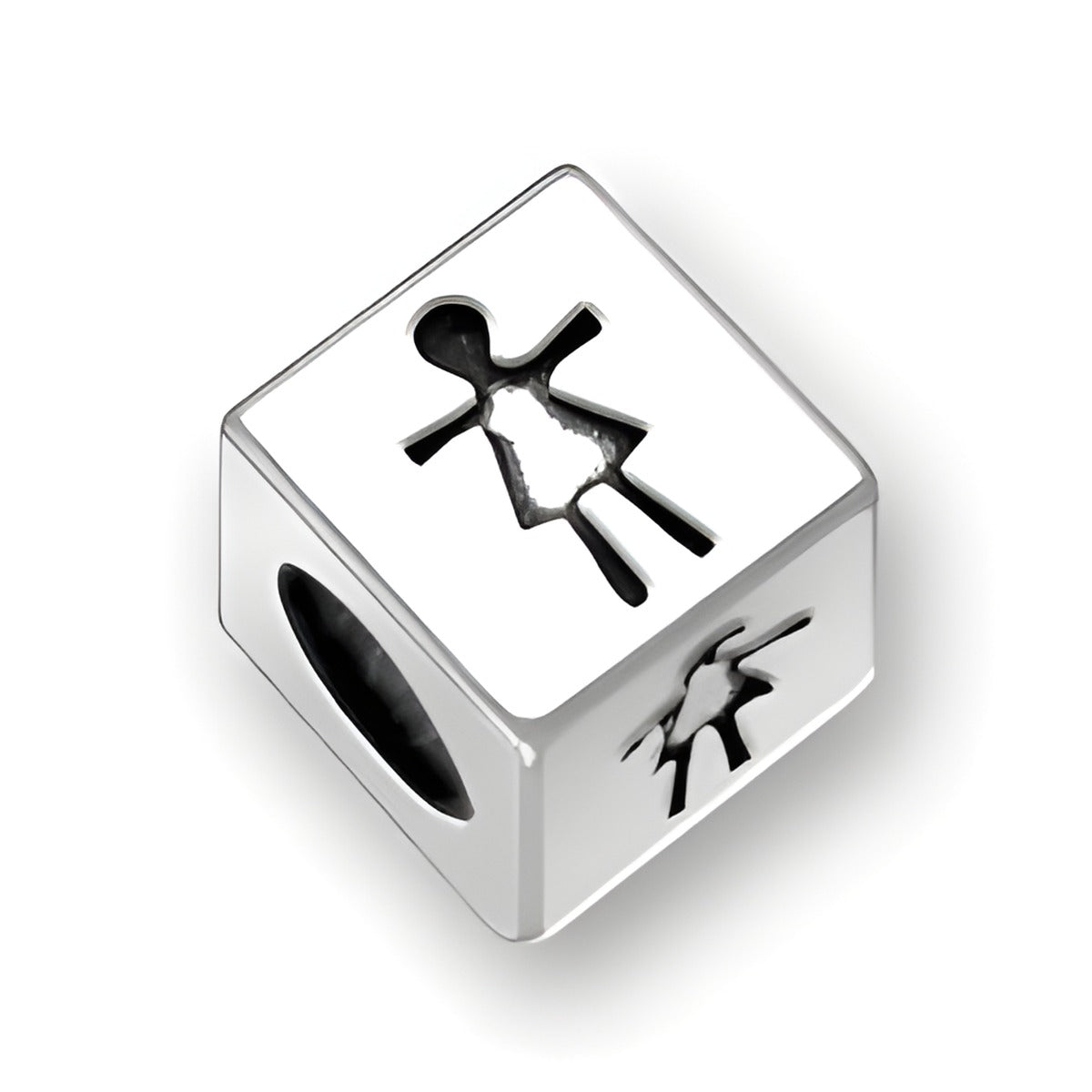 4.5mm square sterling silver letter block bead with a cut-out symbol of a girl, featuring a 3mm hole.