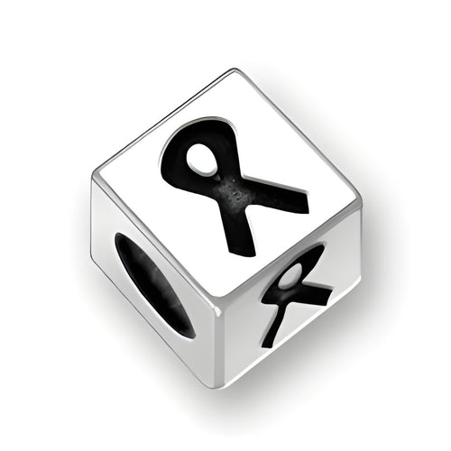 4.5mm square letter block bead in sterling silver featuring a ribbon symbol design, with a 3mm hole for threading.