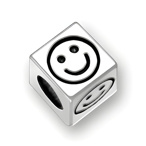 4.5mm square letter block bead in sterling silver featuring a smiley face design, with a 3mm hole for threading.