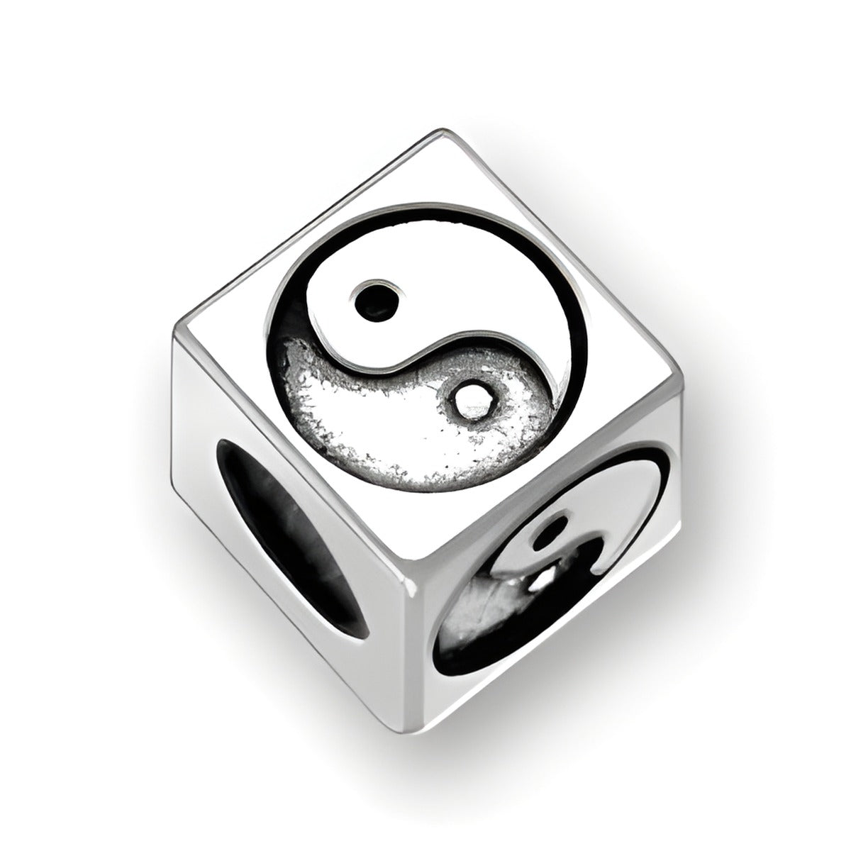 4.5mm square sterling silver letter block bead featuring a Yin Yang symbol design with a 3mm hole.