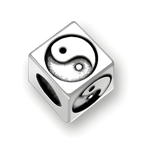 4.5mm square sterling silver letter block bead featuring a Yin Yang symbol design with a 3mm hole.