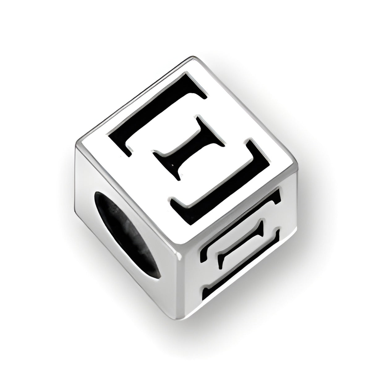 4.5mm square letter block bead in sterling silver featuring the Greek letter Xi, with a 3mm hole for threading.