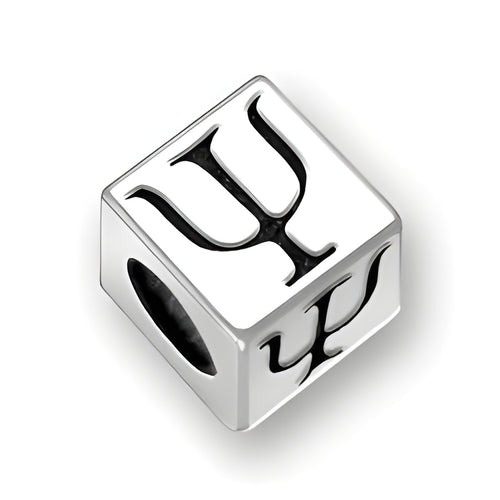 4.5mm square sterling silver letter block bead featuring the Greek letter Psi, with a 3mm hole for threading.