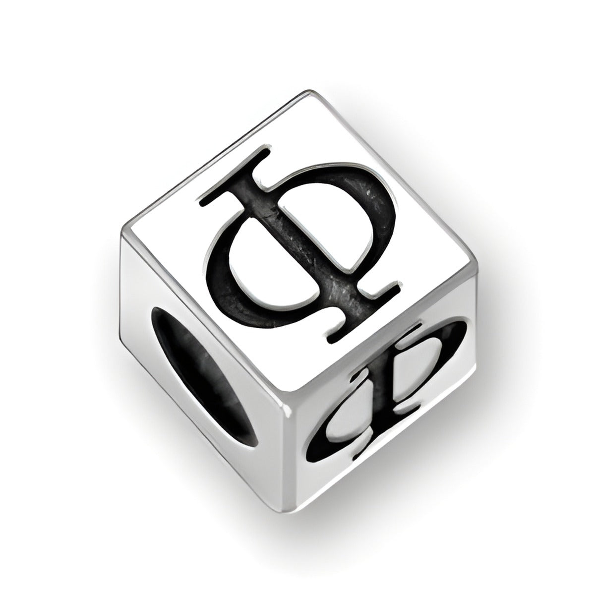 4.5mm Square Letter Block Bead in sterling silver featuring the Greek letter Phi, with a 3mm hole for threading.