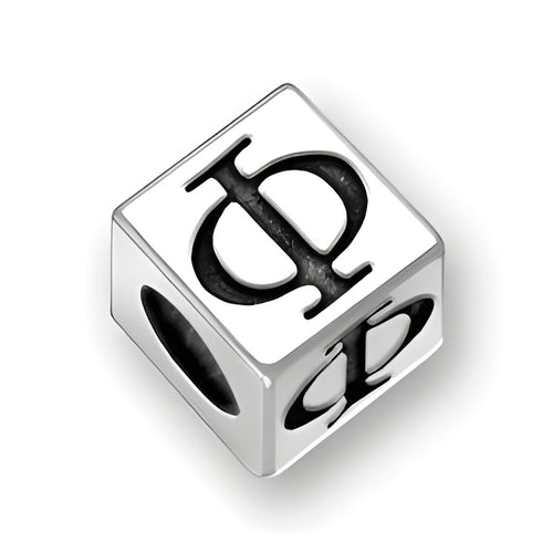 4.5mm Square Letter Block Bead in sterling silver featuring the Greek letter Phi, with a 3mm hole for threading.
