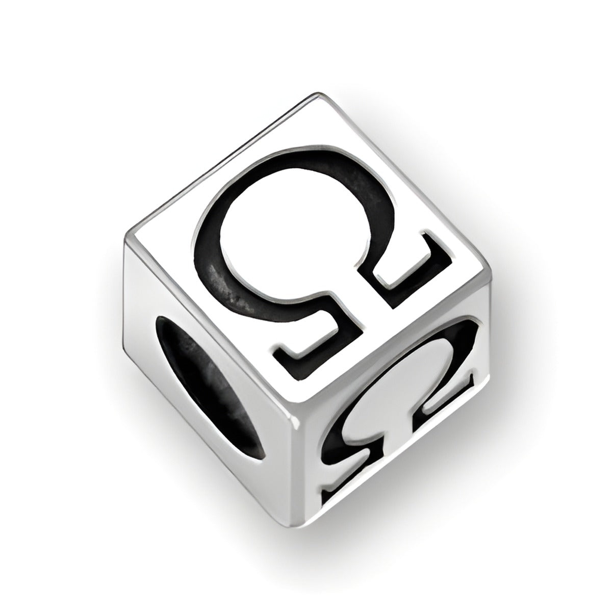 4.5mm Square Letter Block Bead in sterling silver featuring the Greek letter Omega design with a 3mm hole.
