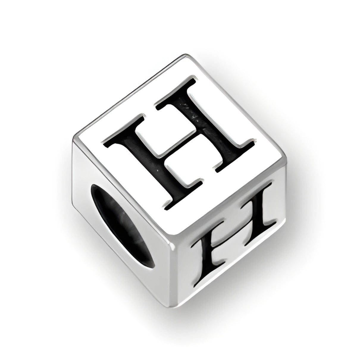 Sterling silver 4.5mm square letter block bead featuring the letter 'H' with a 3mm hole for threading.