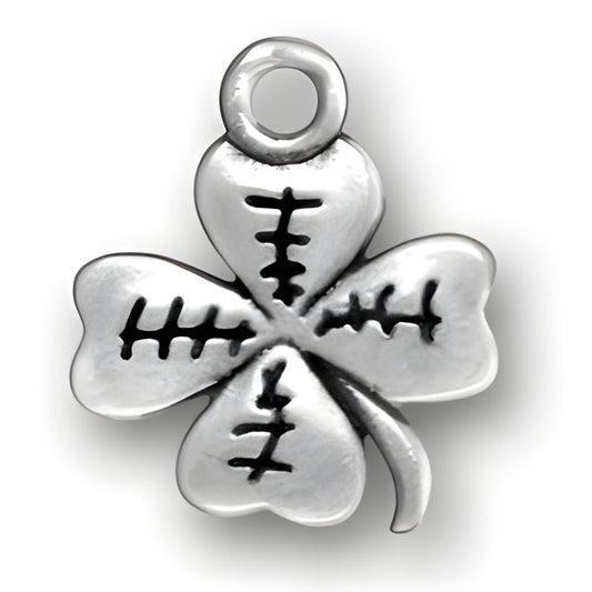 Sterling silver 4 Leaf Clover charm featuring detailed engravings on each leaf and a loop for attachment.