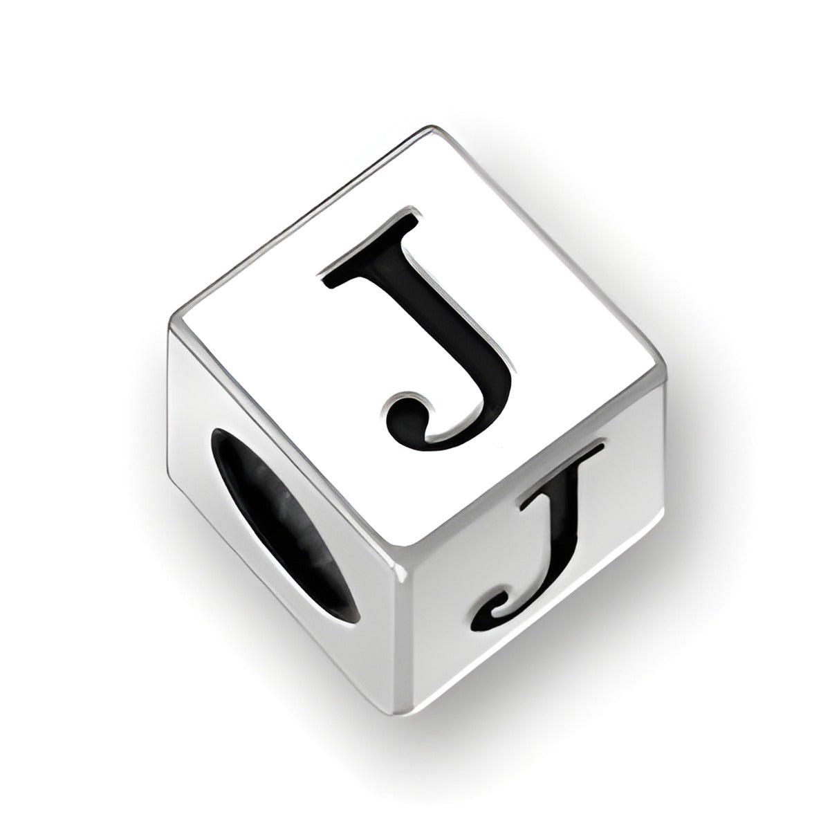 5.5mm square letter block bead in sterling silver featuring the letter 'J', with a 4mm hole for threading.