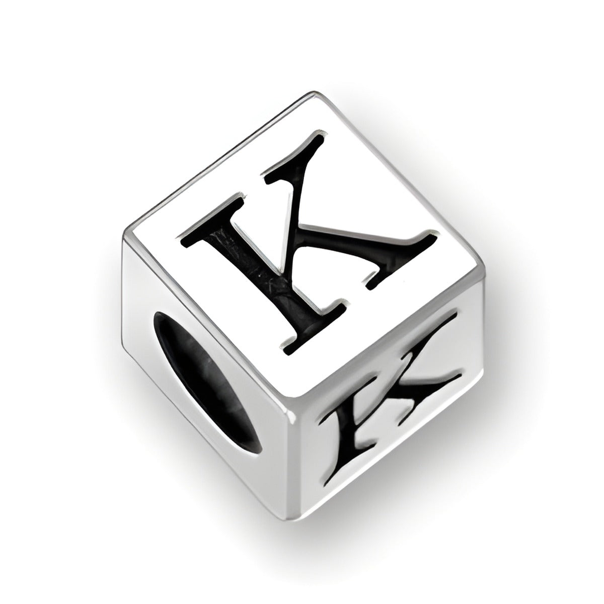 5.5mm square sterling silver letter block bead featuring the letter 'K', with a 4mm hole for threading.