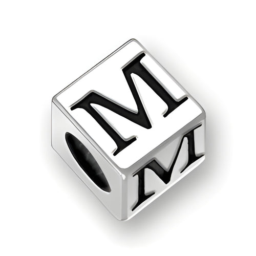 5.5mm square letter block bead in sterling silver featuring the letter 'M' with a 4mm hole.