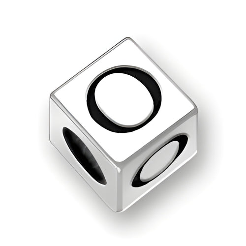 5.5mm square letter block bead in sterling silver featuring the letter 'O' with a 4mm hole for threading.