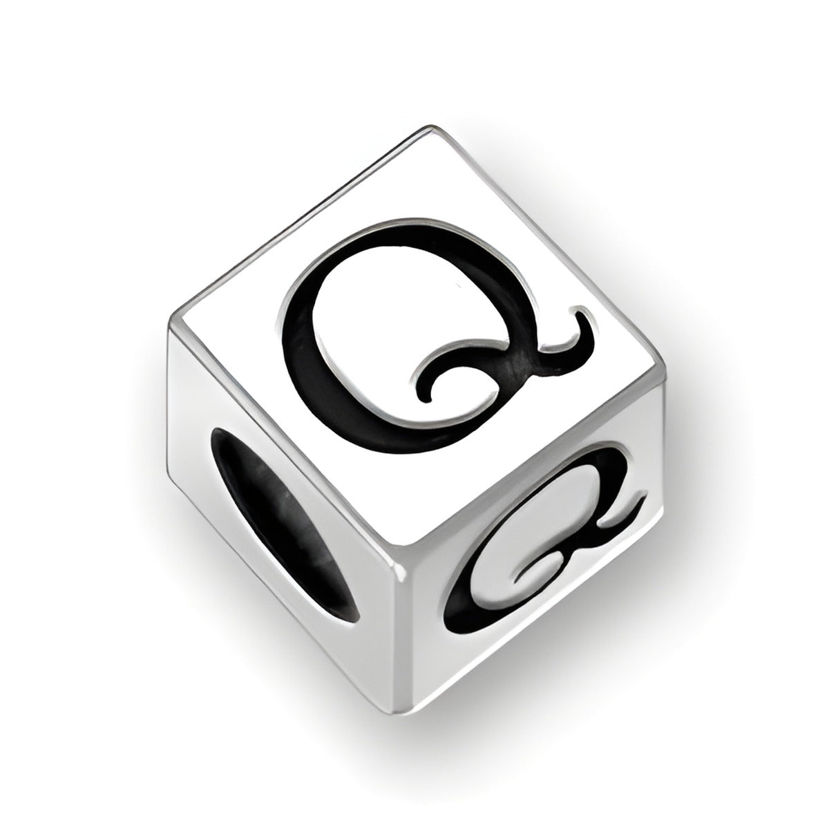 5.5mm square letter block bead in sterling silver featuring the letter 'Q' with a 4mm hole.
