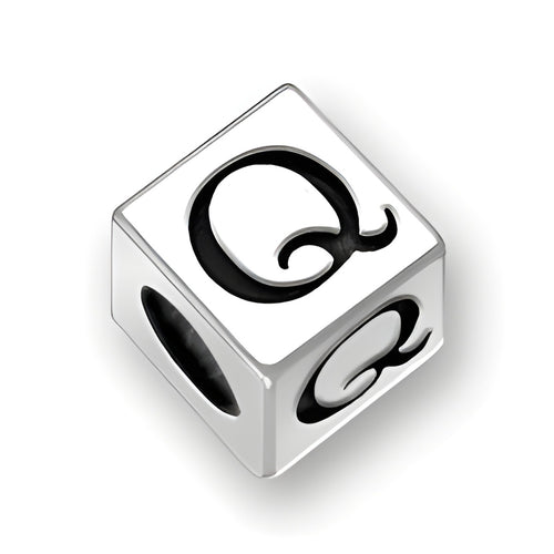 5.5mm square letter block bead in sterling silver featuring the letter 'Q' with a 4mm hole.