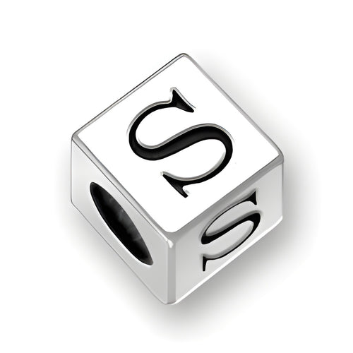 5.5mm square letter block bead in sterling silver featuring the letter 'S', with a 4mm hole for threading.