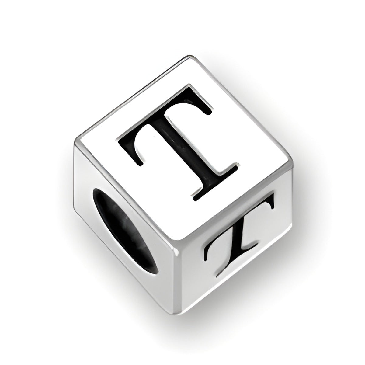 5.5mm square letter block bead in sterling silver featuring the letter 'T' with a 4mm hole for stringing.
