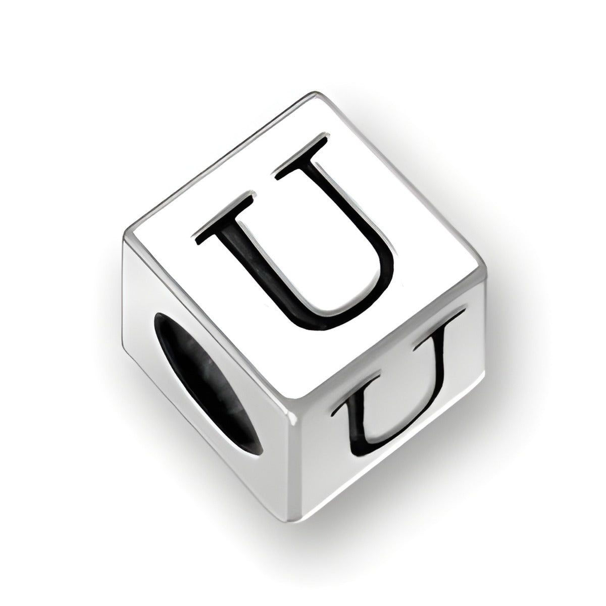 5.5mm square letter block bead in sterling silver, featuring the letter 'U' on two sides and a 4mm hole.