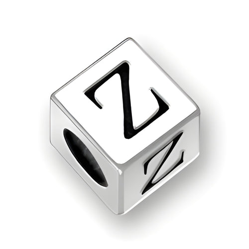5.5mm square letter block bead in sterling silver, featuring the letter 'Z' with a 4mm hole for threading.