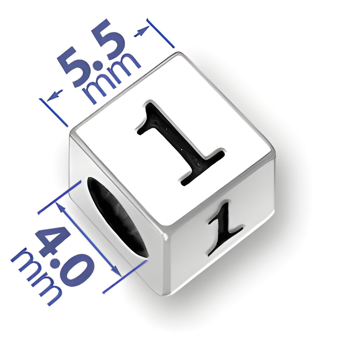 5.5mm square sterling silver letter block bead featuring the number '1', with a 4mm hole for threading.