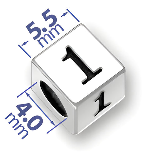 5.5mm square sterling silver letter block bead featuring the number '1', with a 4mm hole for threading.