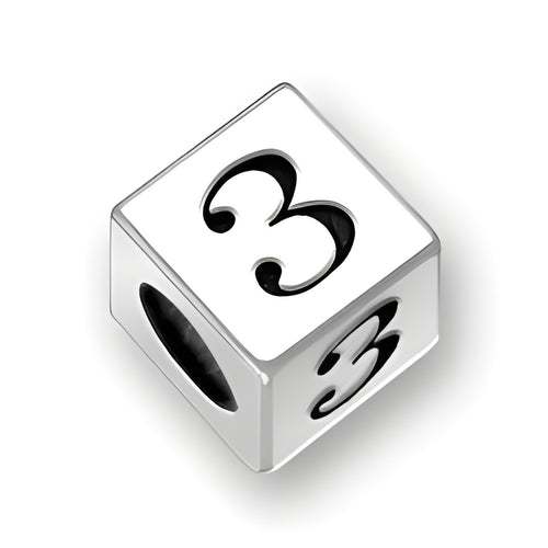 5.5mm square letter block bead in sterling silver featuring the number 3, with a 4mm hole for threading.