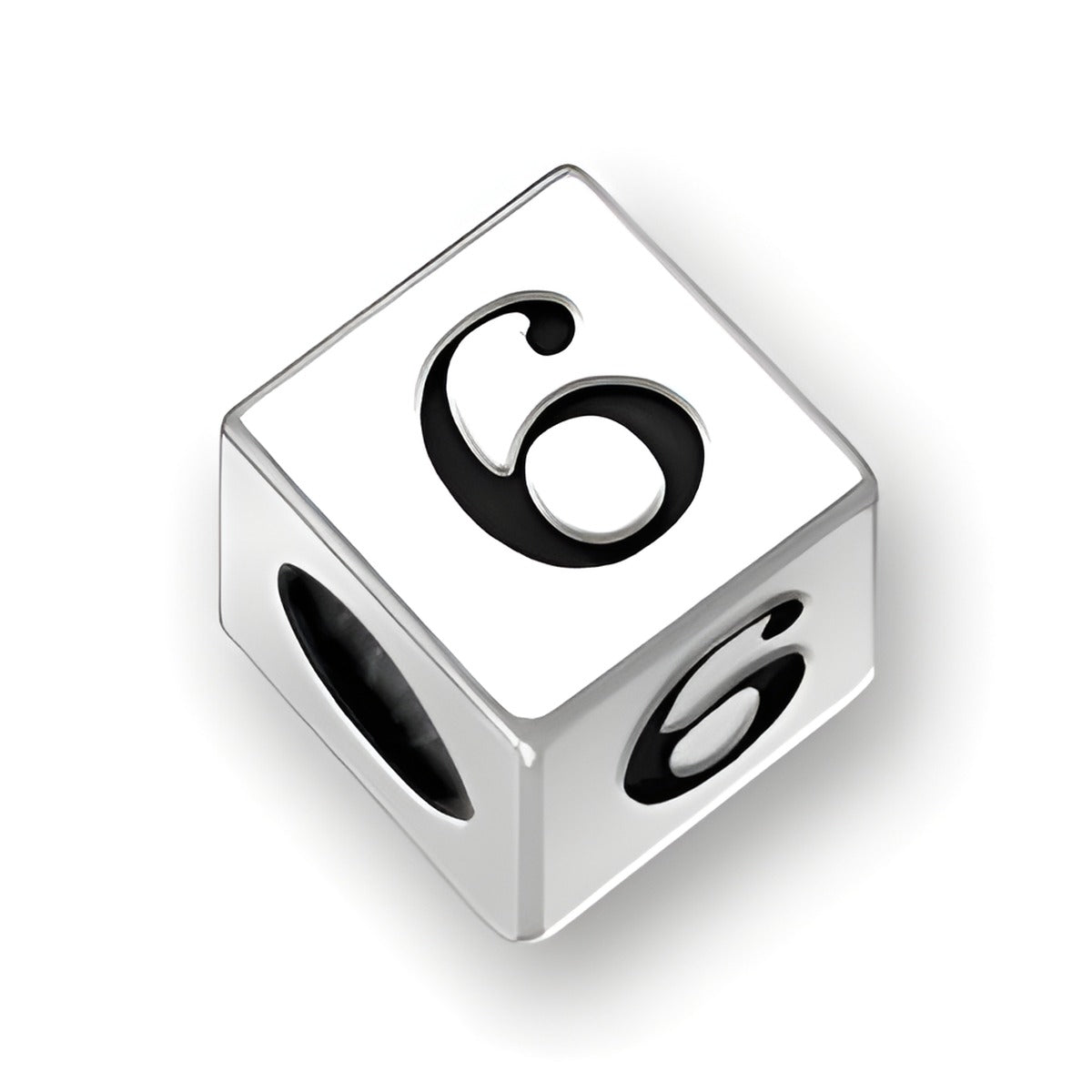 5.5mm square letter block bead in sterling silver featuring the number 6, with a 4mm hole for threading.
