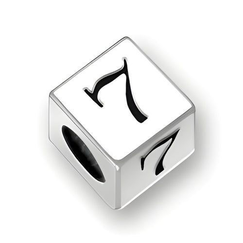5.5mm square letter block bead in sterling silver featuring the number 7, with a 4mm hole for threading.