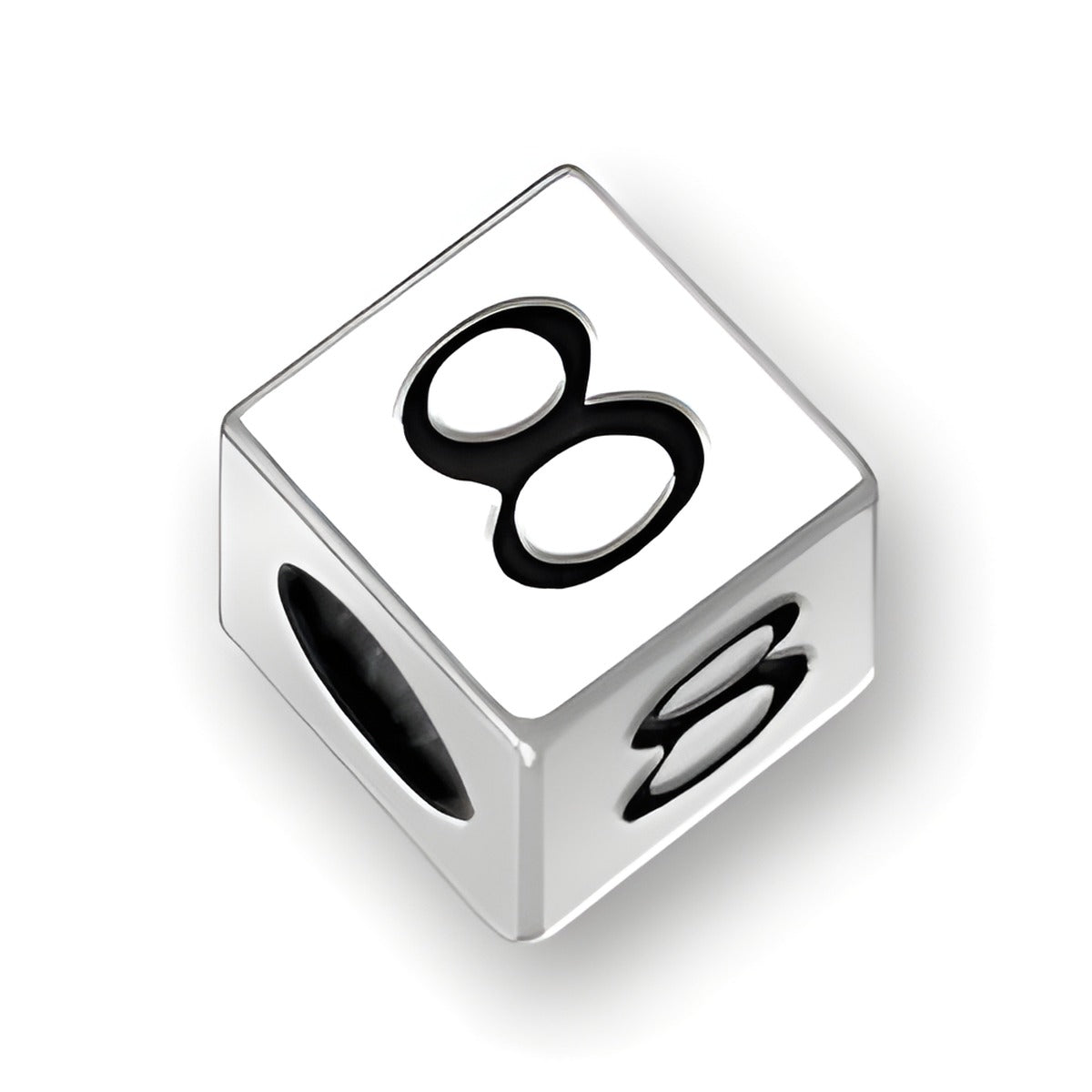 5.5mm square letter block bead in sterling silver featuring the number '8' with a 4mm hole.