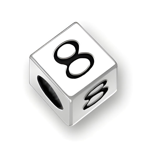 5.5mm square letter block bead in sterling silver featuring the number '8' with a 4mm hole.