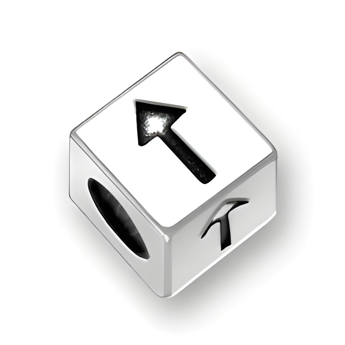 5.5mm Square Letter Block Bead in sterling silver featuring an arrow symbol, with a 4mm hole for threading.