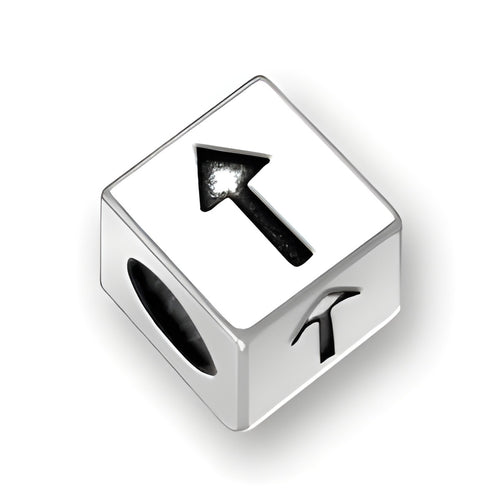 5.5mm Square Letter Block Bead in sterling silver featuring an arrow symbol, with a 4mm hole for threading.
