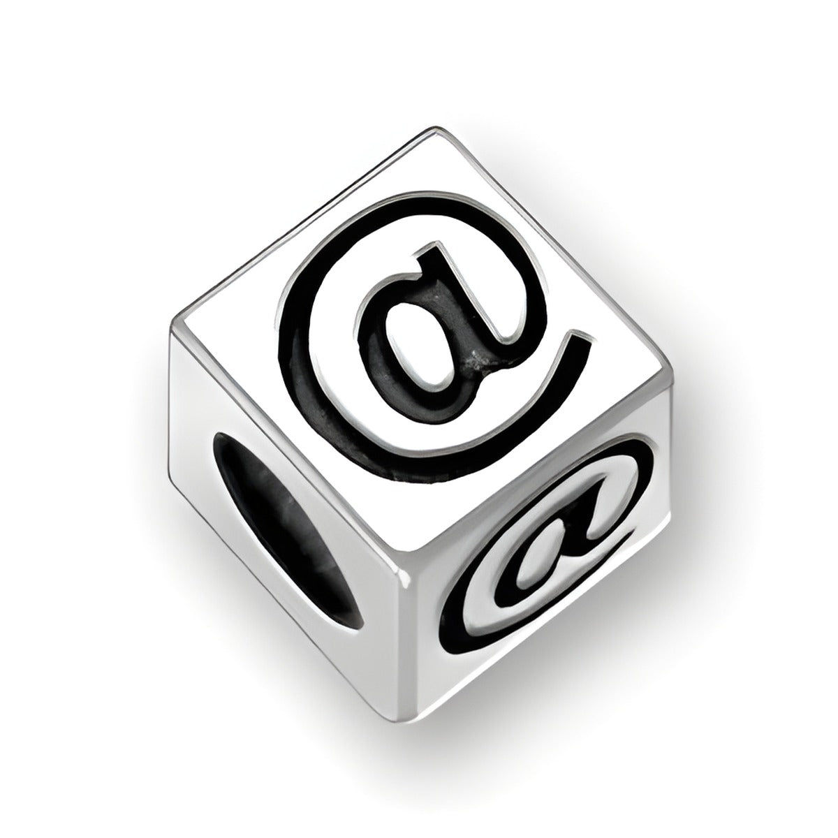 5.5mm square letter block bead in sterling silver featuring the symbol '@' with a 4mm hole.