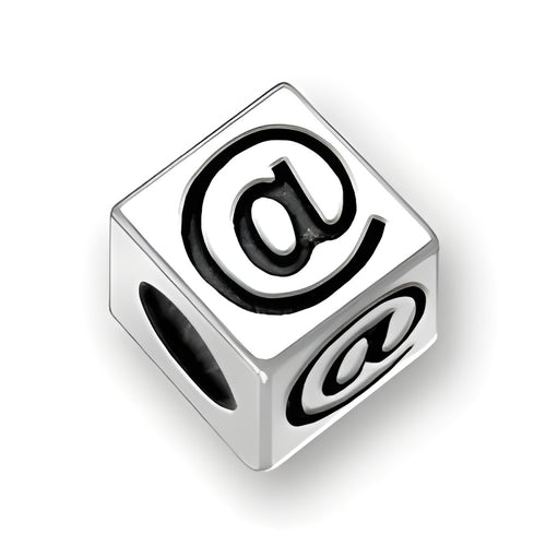 5.5mm square letter block bead in sterling silver featuring the symbol '@' with a 4mm hole.