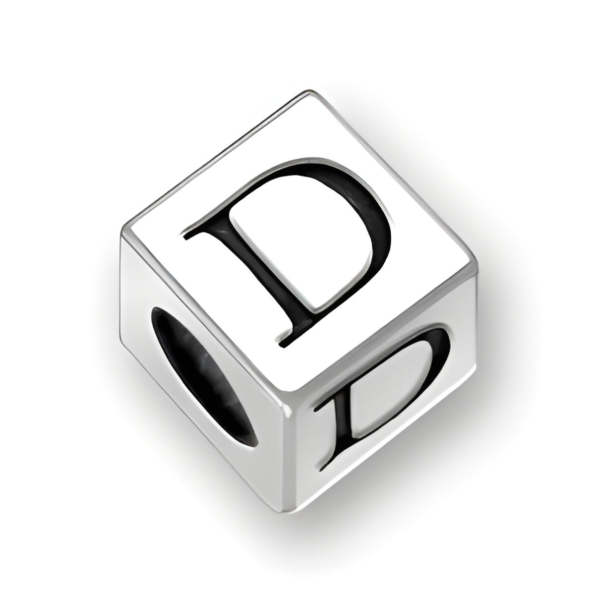 5.5mm square letter block bead in sterling silver featuring the letter 'D' with a 4mm hole.