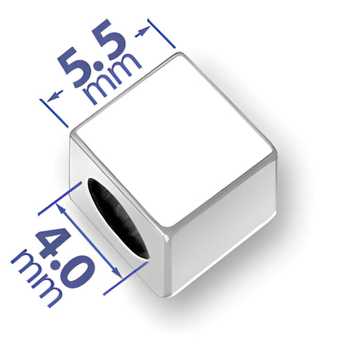 5.5mm square letter block bead in sterling silver with a 4mm hole, featuring a blank surface for customization.