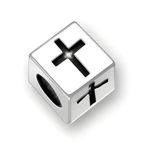 5.5mm square letter block bead in sterling silver featuring a cross symbol design with a 4mm hole.