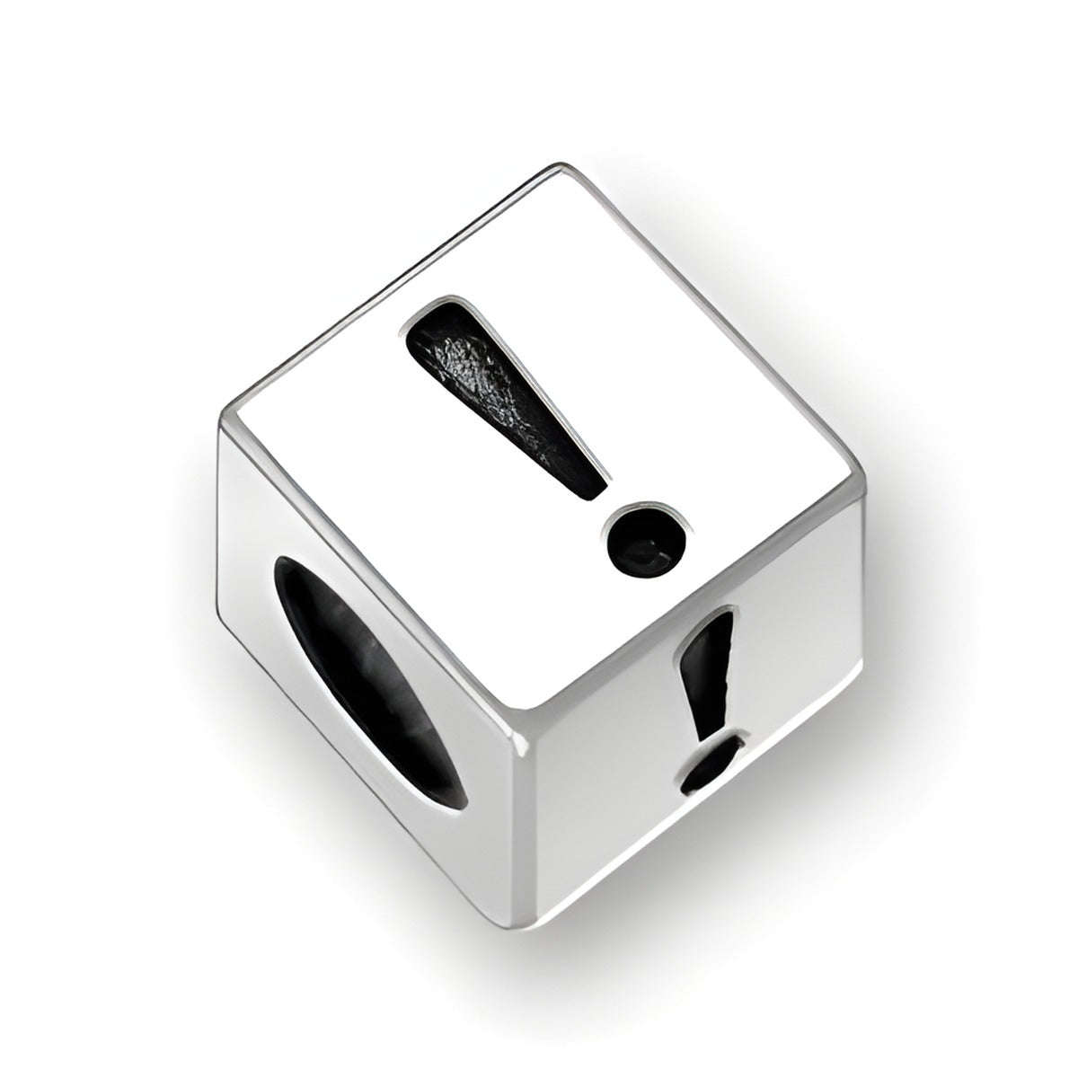 5.5mm square letter block bead in sterling silver featuring an exclamation point symbol, with a 4mm hole.