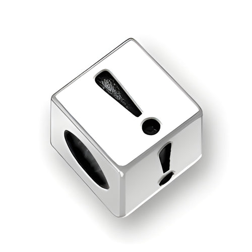 5.5mm square letter block bead in sterling silver featuring an exclamation point symbol, with a 4mm hole.