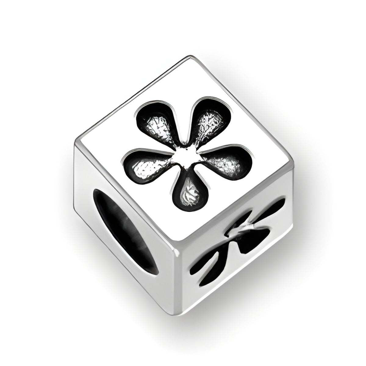 5.5mm square sterling silver letter block bead featuring a flower symbol design and a 4mm hole.