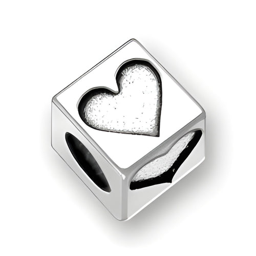 5.5mm square letter block bead in sterling silver featuring a heart symbol cutout, with a 4mm hole for threading.