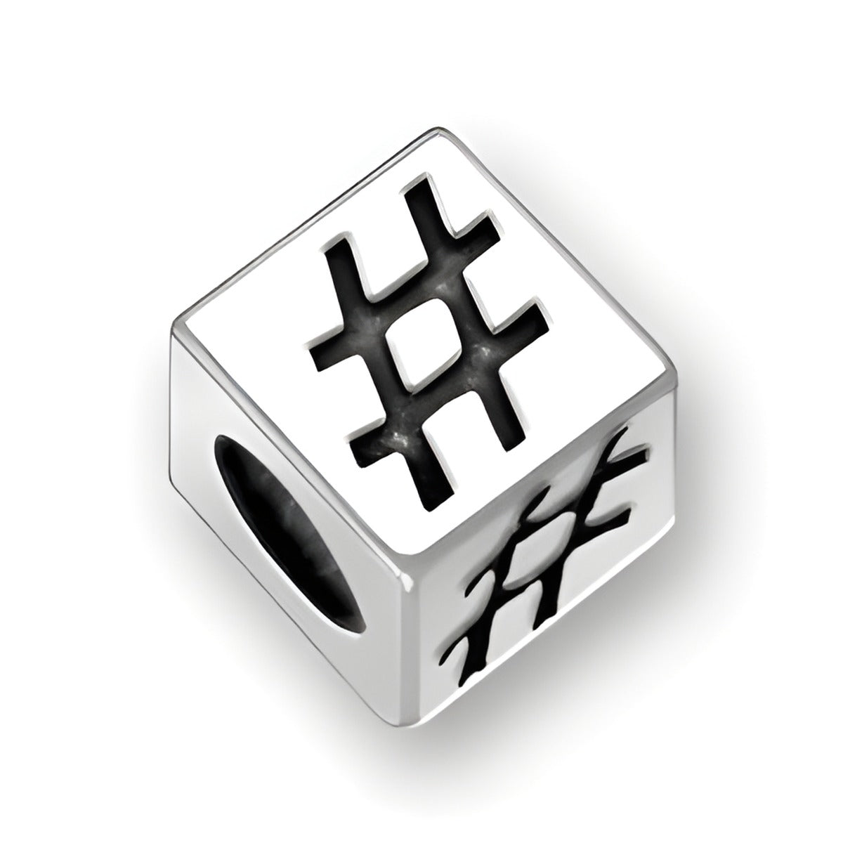 5.5mm square letter block bead in sterling silver featuring a cut-out number sign/hashtag design with a 4mm hole.