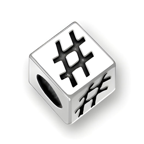 5.5mm square letter block bead in sterling silver featuring a cut-out number sign/hashtag design with a 4mm hole.