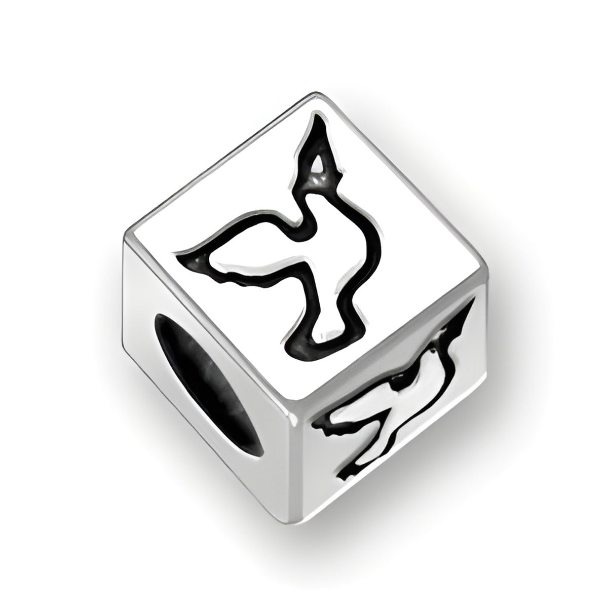 5.5mm square sterling silver letter block bead featuring a peace dove design, with a 4mm hole for threading.