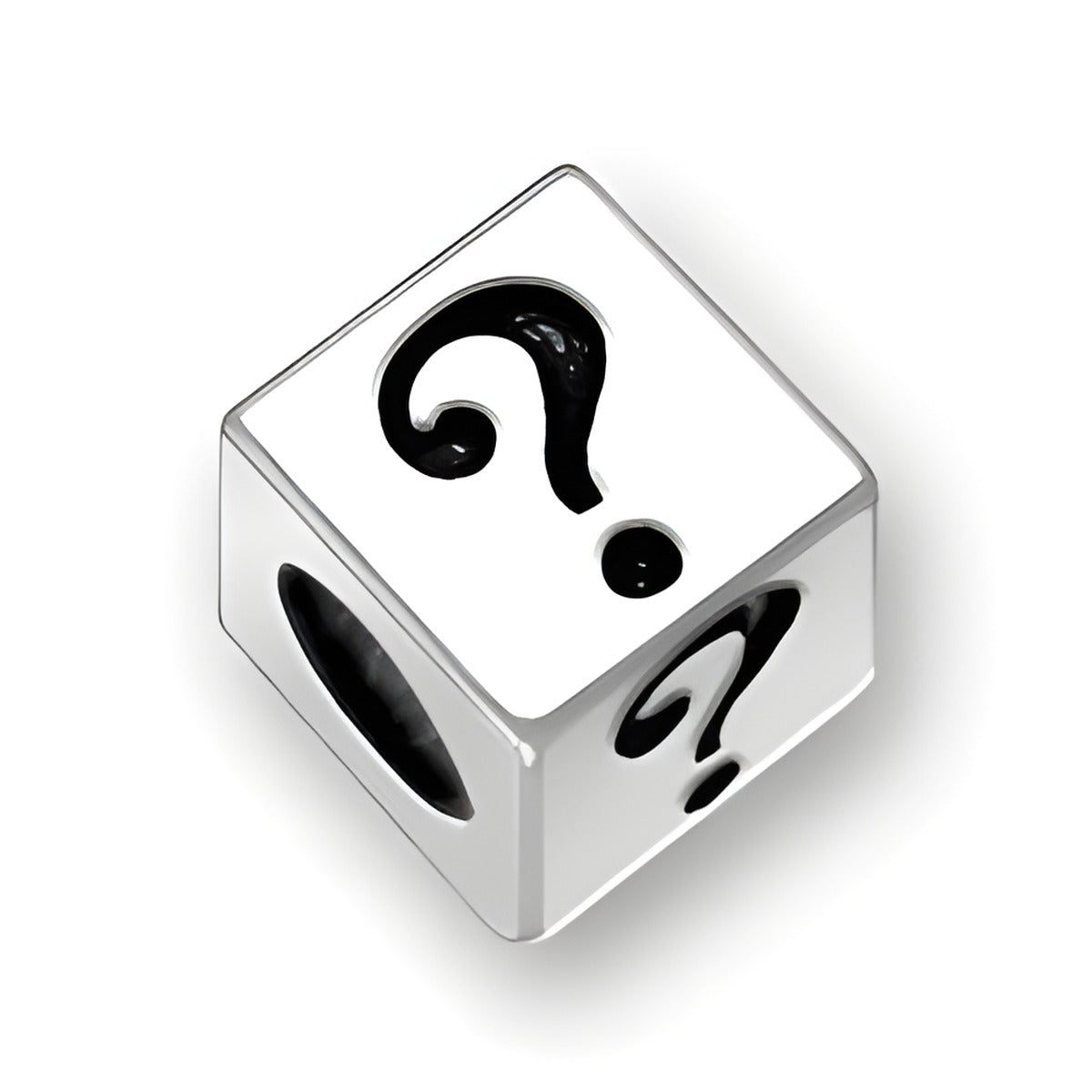 5.5mm square letter block bead in sterling silver featuring a question mark design and a 4mm hole.