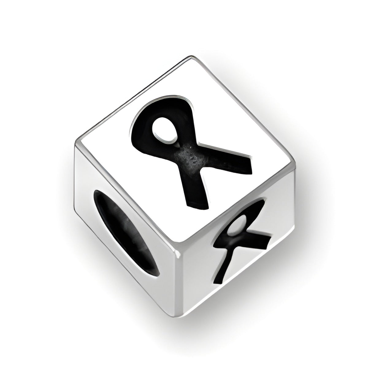 5.5mm square letter block bead in sterling silver featuring a black ribbon symbol on two sides, with a 4mm hole.